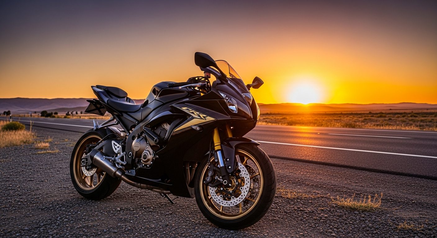 Motocicleta negra con detalles dorados en carretera al atardecer