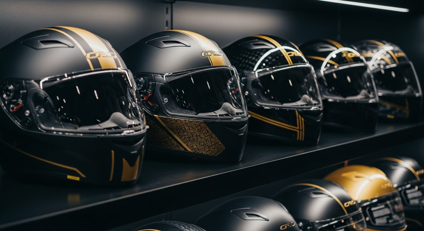 Cascos de motociclista alineados en exhibidor de tienda