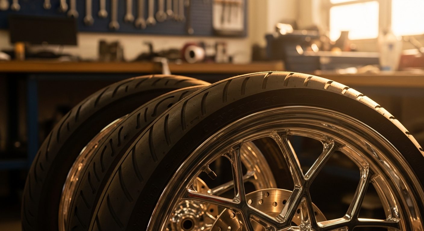 Llantas y rines de moto en taller con luz cálida