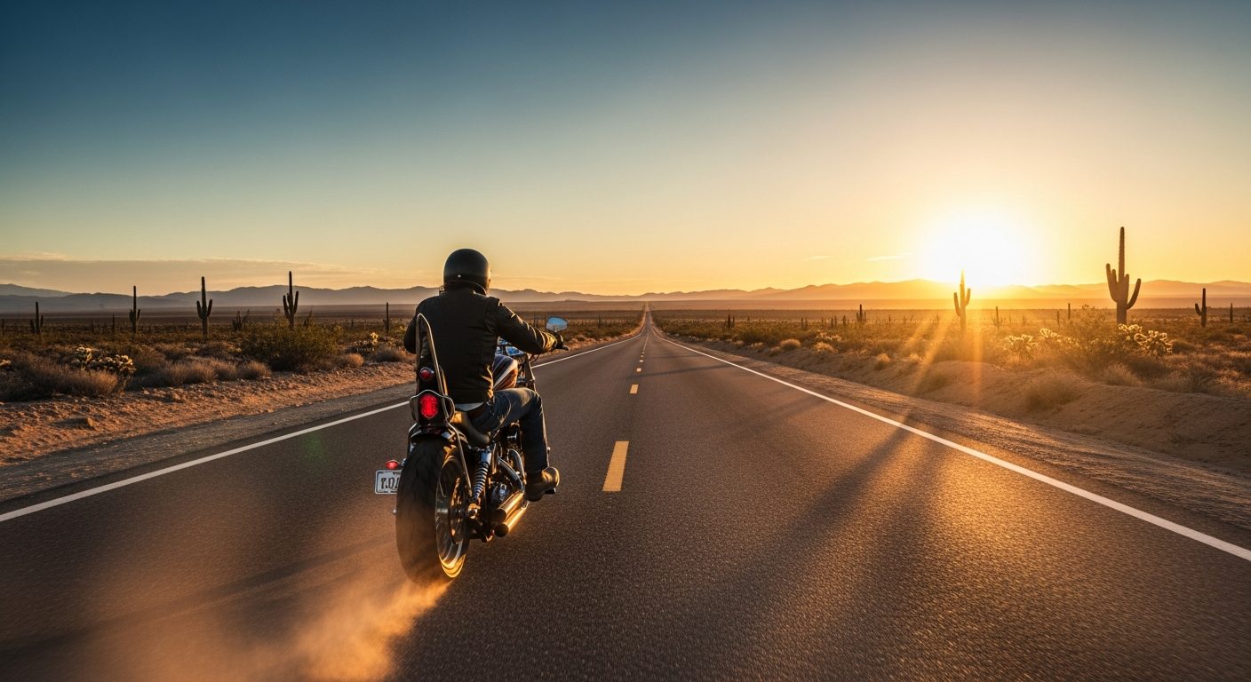 Motociclista en carretera abierta al amanecer