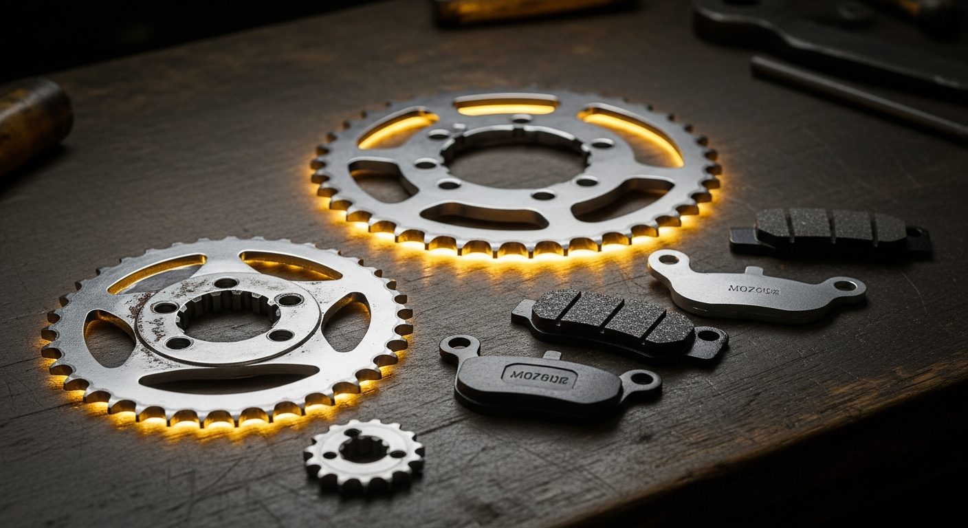 Refacciones de moto: cadena, balatas y filtros sobre banco